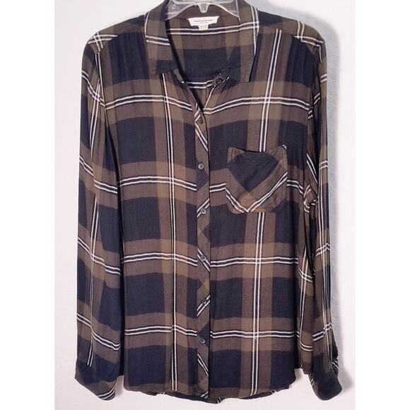BeachLunchLounge Button Up Shirt Wmn's Sz XL Brown Check Long Sleeve - Picture 11 of 13